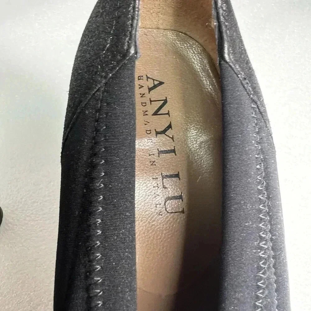 ANYI LU Hand Made‎ Italy Heels Black Fabric Metallic Leather Bow Detail Formal 9 - Picture 6 of 16